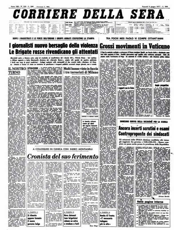 PRIMA PAGINA DEL CORRIERE DELLA SERA - 3 GIUGNO 19777 - ATTENTATO A MONTANELLI 