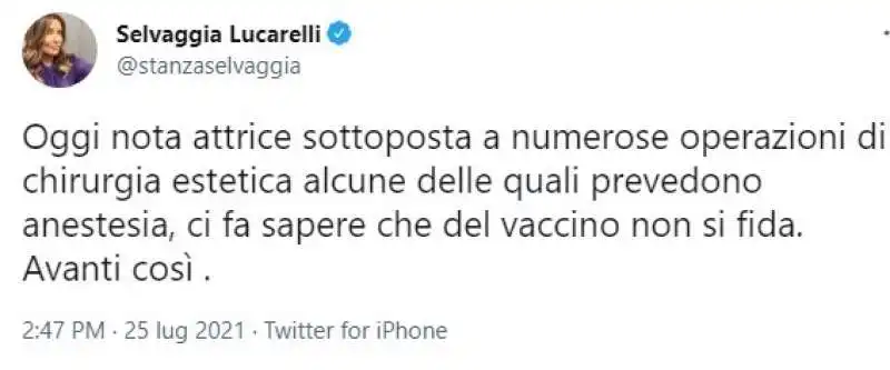 TWEET DI SELVAGGIA LUCARELLI CONTRO ATTRICE RIFATTA NO-VAX (CLAUDIA GERINI?)