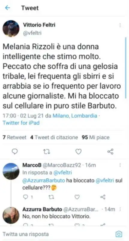 tweet di vittorio feltri su melania rizzoli