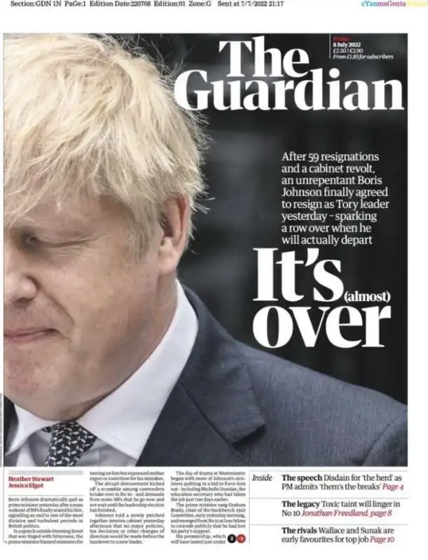 dimissioni di boris johnson   prima pagina the guardian 