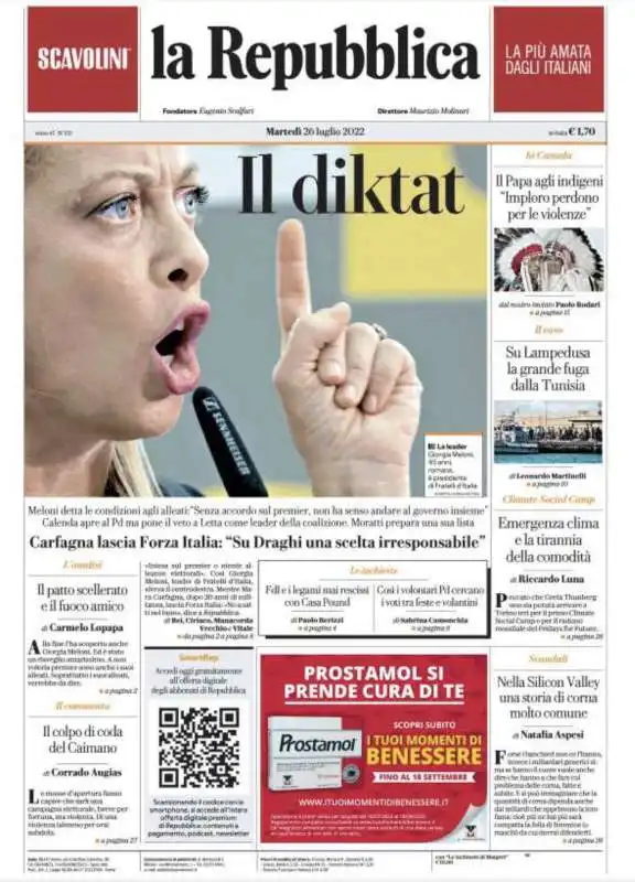 GIORGIA MELONI A BOCCA APERTA - PRIMA PAGINA REPUBBLICA - 26 GIUGNO 2022