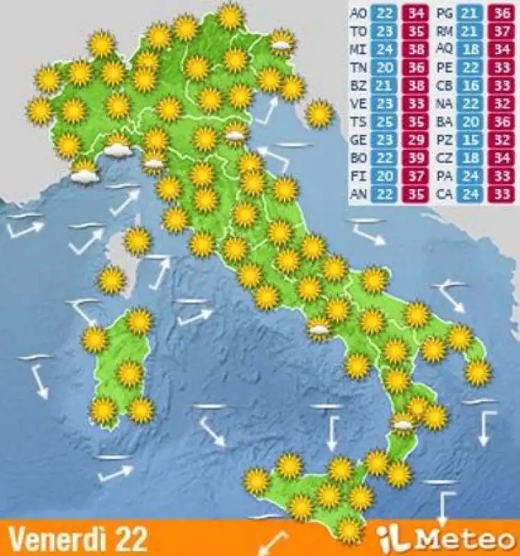 previsioni venerdi' 22 luglio