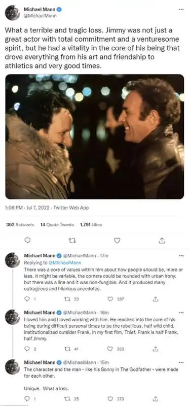 tweet di michael mann  sulla morte di james caan 