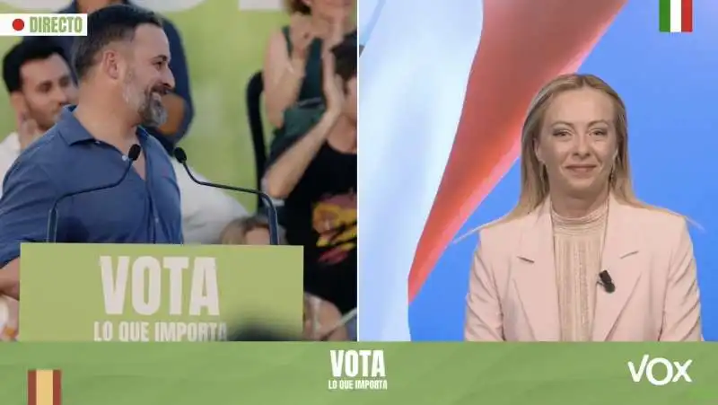 giorgia meloni in collegamento con il comizio di vox a valencia   14 luglio 2023   1