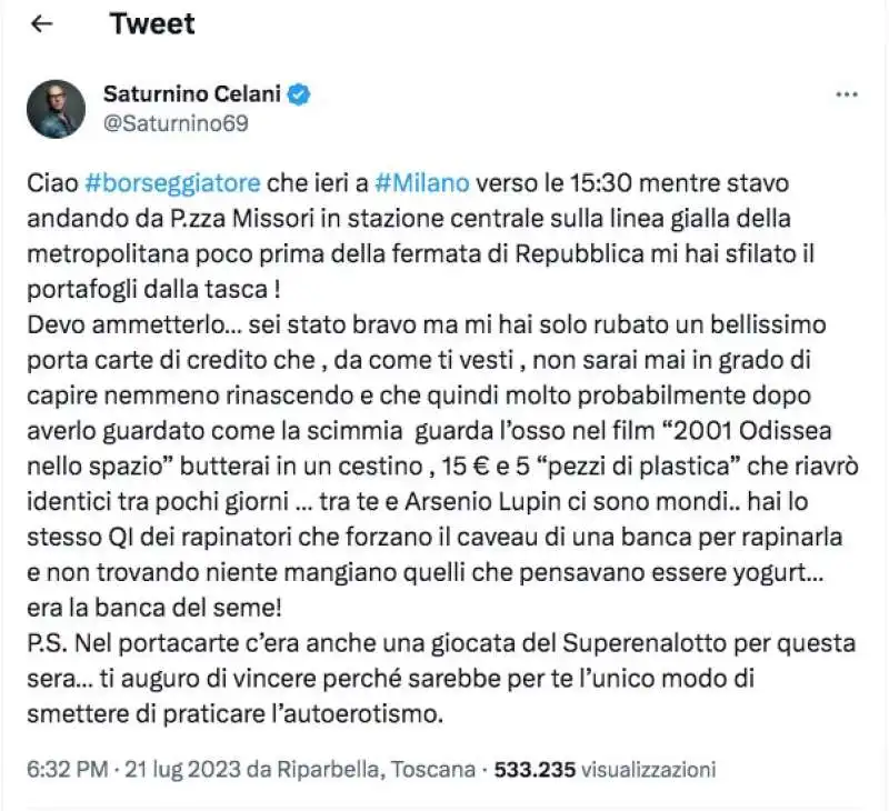 il post di saturnino contro il ladro che gli ha rubato il portafoglio