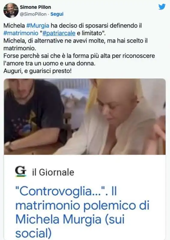 IL TWEET DI SIMONE PILLON SUL MATRIMONIO DI MICHELA MURGIA CON LORENZO TERENZI 