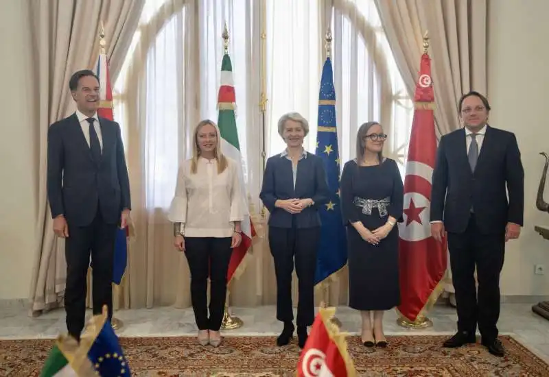 mark rutte, giorgia meloni, ursula von der leyen, najla bouden 