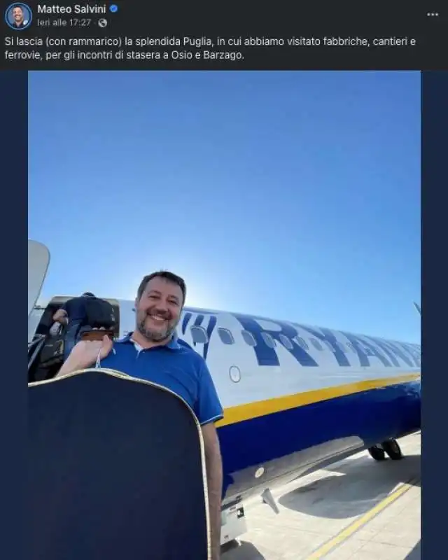 MATTEO SALVINI TORNA DALLA PUGLIA CON RYANAIR