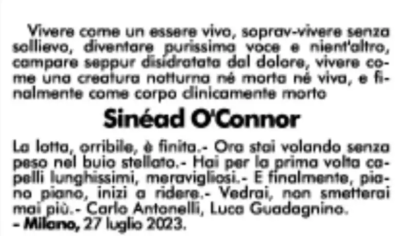 NECROLOGIO DI SINEAD O CONNOR FATTO DA CARLO ANTONELLI E LUCA GUADAGNINO 