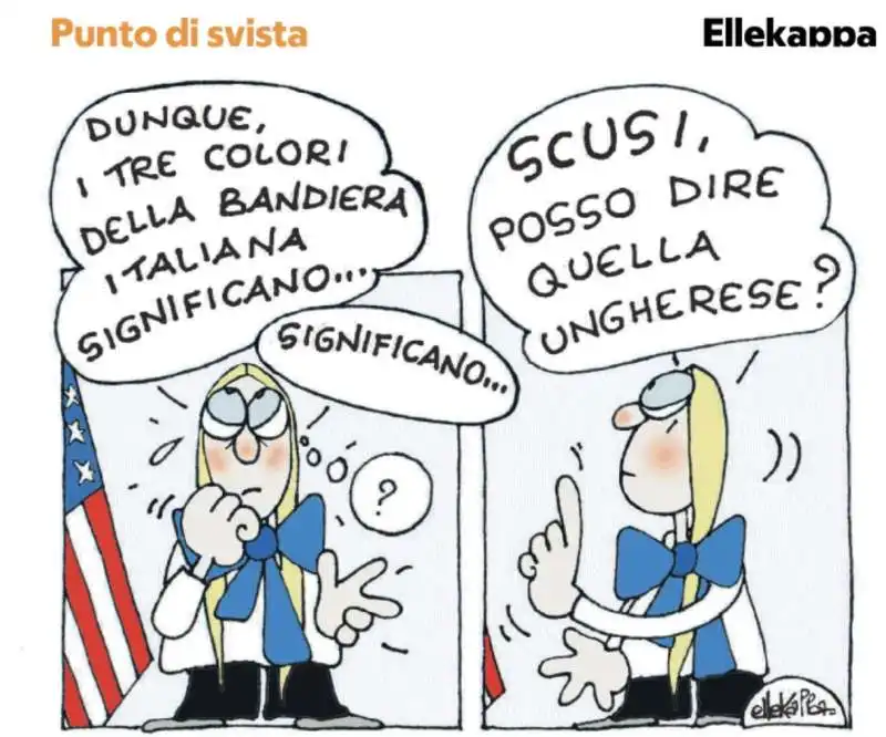 VIGNETTA DI ELLEKAPPA SU GIORGIA MELONI INTERROGATA SUL SIGNIFICATO DEI COLORI NELLA BANDIERA ITALIANA

