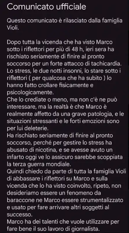 comunicato della sorella di marco violi