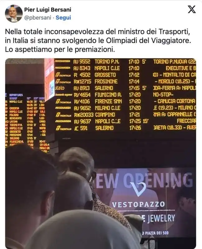 IL TWEET DI PIERLUIGI BERSANI SUI RITARDI AI TRENI