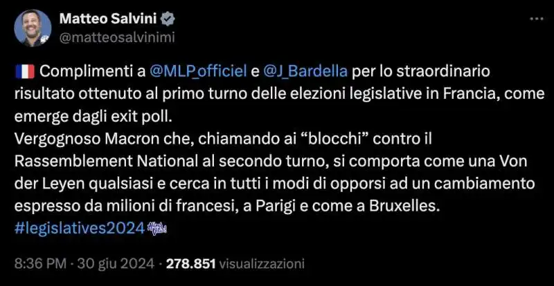 TWEET DI MATTEO SALVINI DOPO LE ELEZIONI LEGISLATIVE IN FRANCIA 