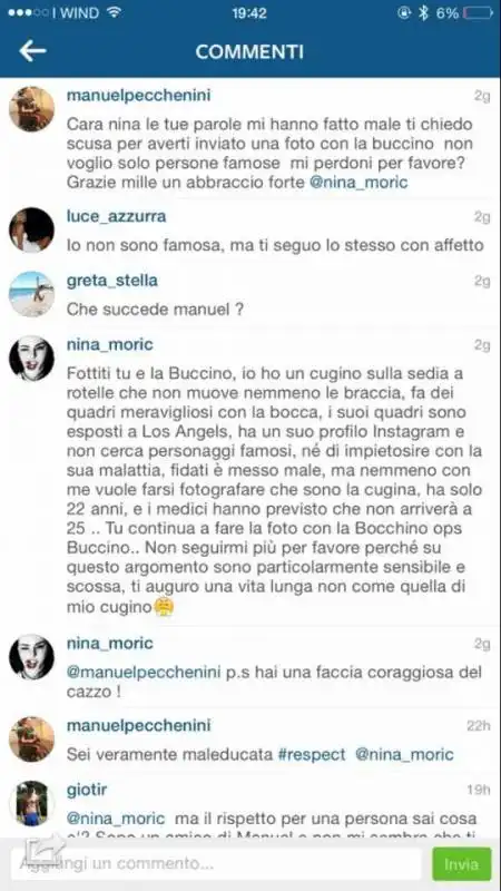 nina moric contro manuel ragazzo disabile