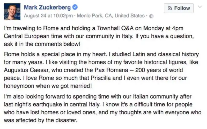 MARK ZUCKERBERG ANNUNCIA CHE SARA A ROMA