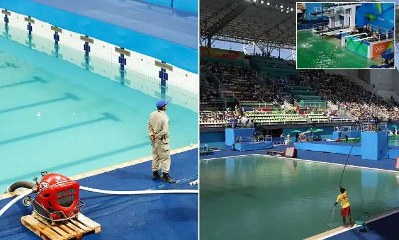 piscina di rio viene svuotata dall acqua verde