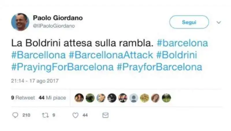 ATTENTATO A BARCELLONA - IL TWEET DI PAOLO GIORDANO CONTRO LAURA BOLDRINI