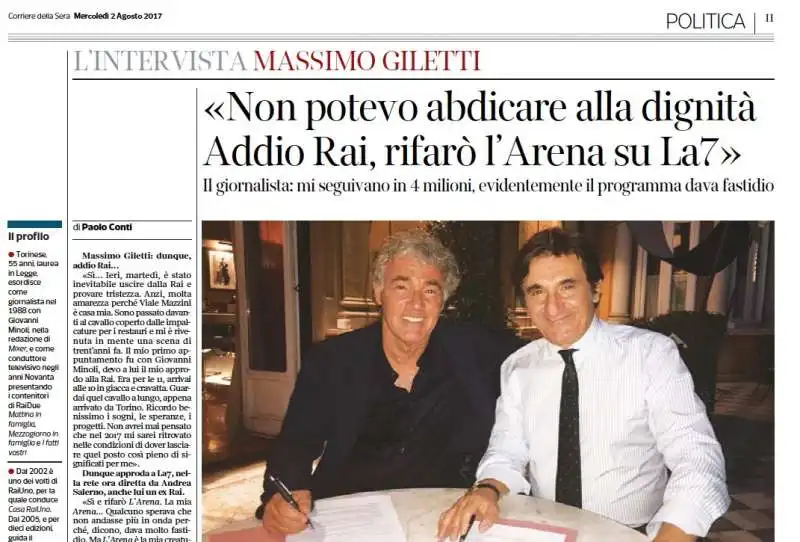 INTERVISTA A MASSIMO GILETTI SUL CORRIERE CON FOTO CON URBANO CAIRO