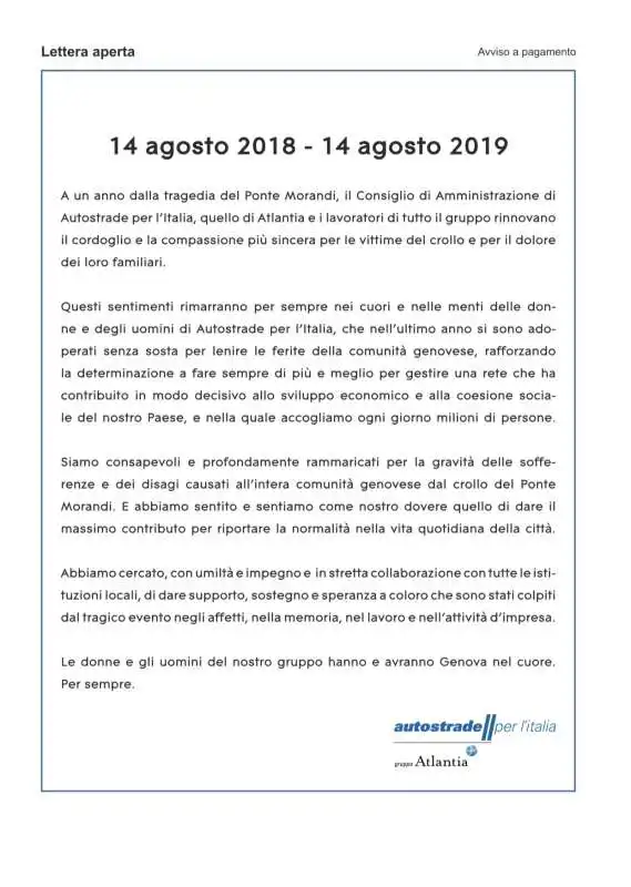 LA LETTERA APERTA DI ATLANTIA - AUTOSTRADE PER L'ITALIA A UN ANNO DAL CROLLO DEL PONTE MORANDI