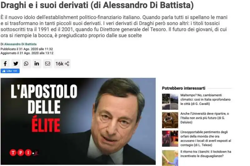 ARTICOLO DI ALESSANDRO DI BATTISTA CONTRO DRAGHI SU TPI