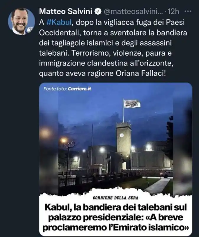 matteo salvini e la foto fake della bandiera talebana a kabul 