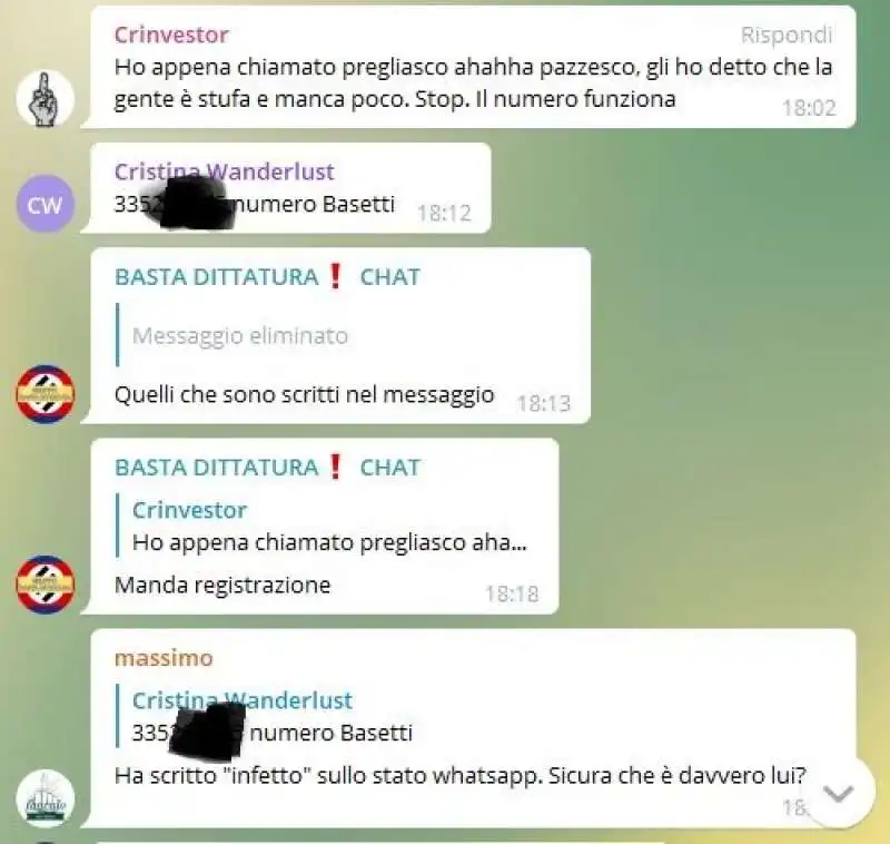 minacce e insulti su basta dittatura telegram