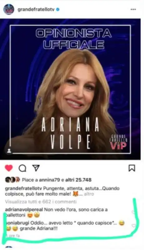 sonia bruganelli commenta l'annuncio di adriana volpe come opinionista del grande fratello vip