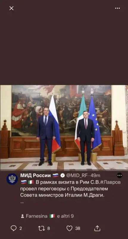 TWEET DEL MINISTERO DEGLI ESTERI RUSSO SULL AVISITA LAVROV DRAGHI 