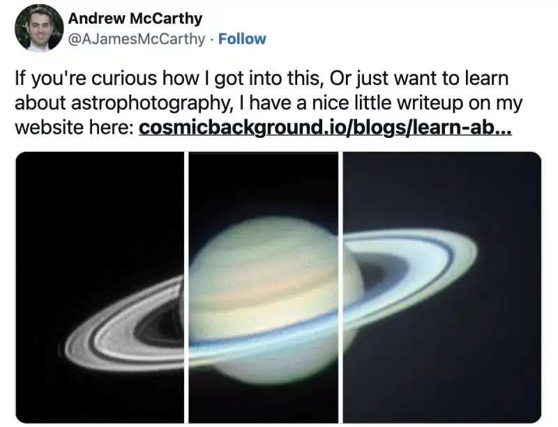 la foto di saturno scattata da andrew mccarthy  