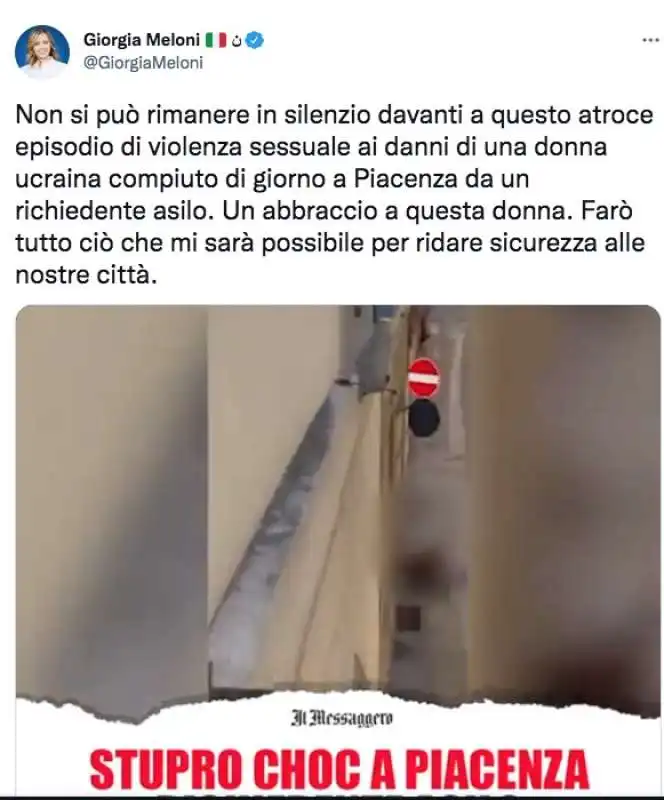 tweet di giorgia meloni sullo stupro di piacenza