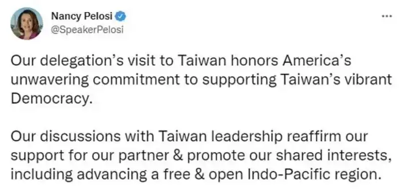 tweet di nancy pelosi da taiwan 