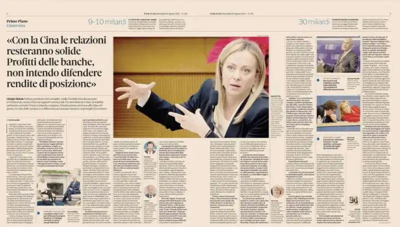 DOPPIA PAGINA DI INTERVISTA A GIORGIA MELONI SUL SOLE 24 ORE 