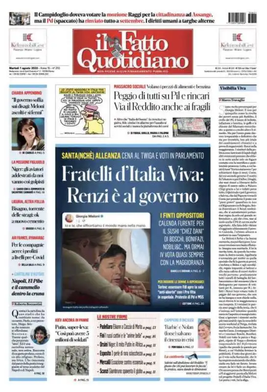 fratelli d italia viva   pria pagina del fatto quotidiano 1 agosto 2023 