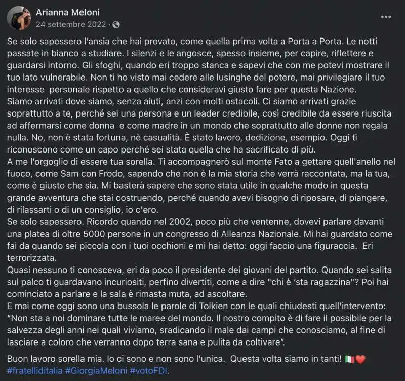 IL POST DI ARIANNA MELONI CON CITAZIONE DEL SIGNORE DEGLI ANELLI