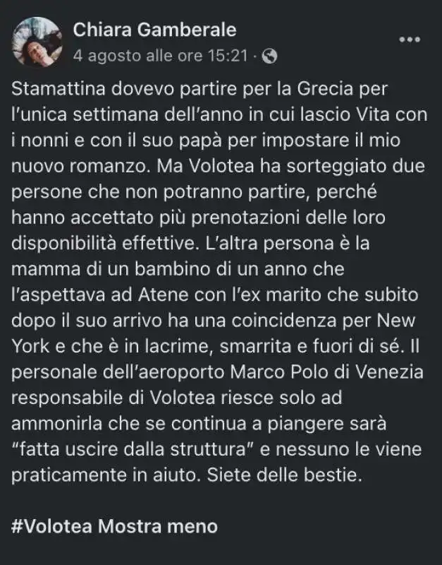 il post di chiara gamberale contro volotea