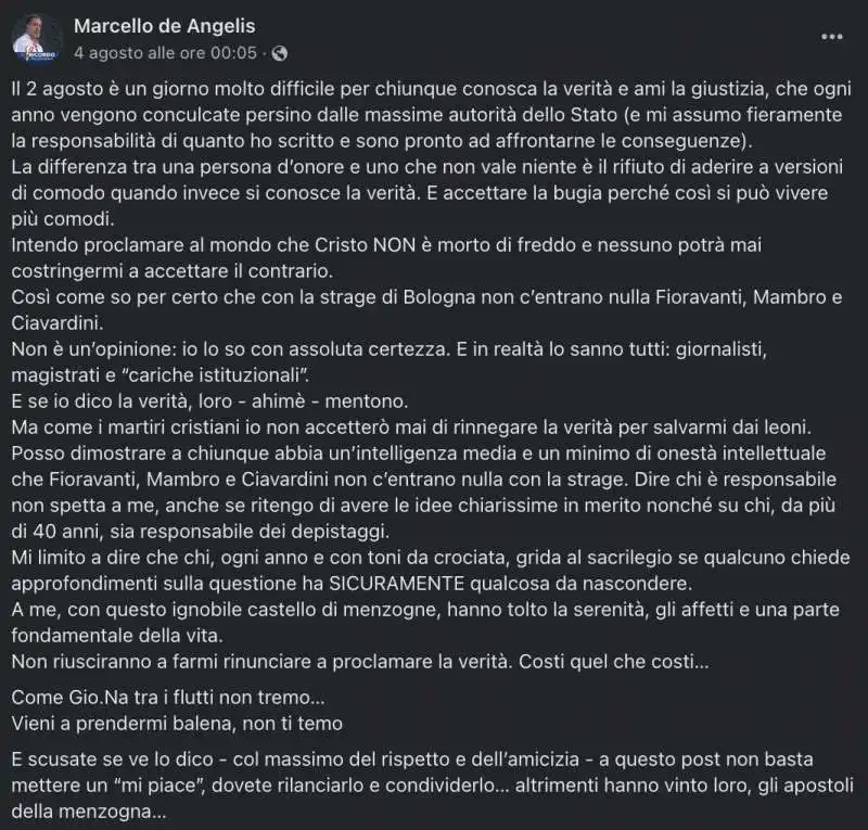 IL POST FACEBOOK DI MARCELLO DE ANGELIS SULLA STRAGE DI BOLOGNA