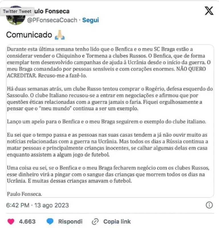 il tweet di paulo fonseca contro la russia 