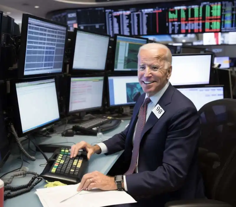 JOE BIDEN IN VERSIONE TRADER A WALL STREET - IMMAGINE CREATA CON MIDJOURNEY  