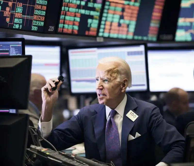 JOE BIDEN IN VERSIONE TRADER A WALL STREET - IMMAGINE CREATA CON MIDJOURNEY 