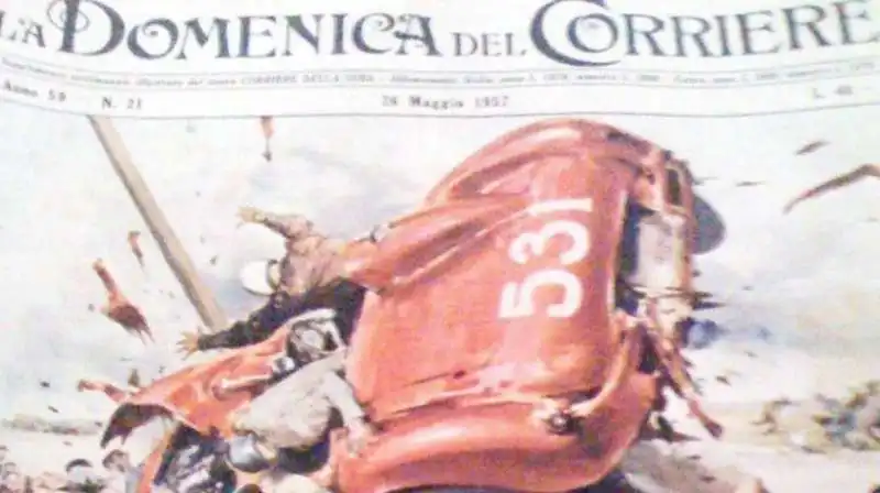 LA FERRARI FUORI STRADA ALLA MILLE MIGLIA DEL 1957 - LA DOMENICA DEL CORRIERE