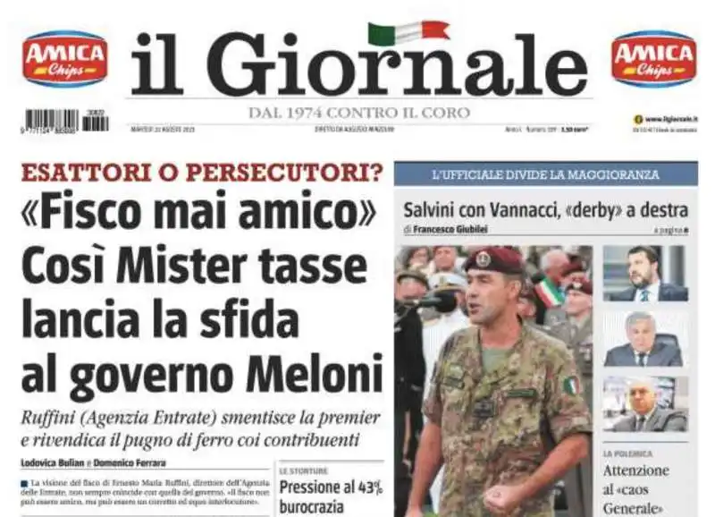 prima pagina del giornale del 22 agosto 2023   titolo contro ernesto maria ruffini 