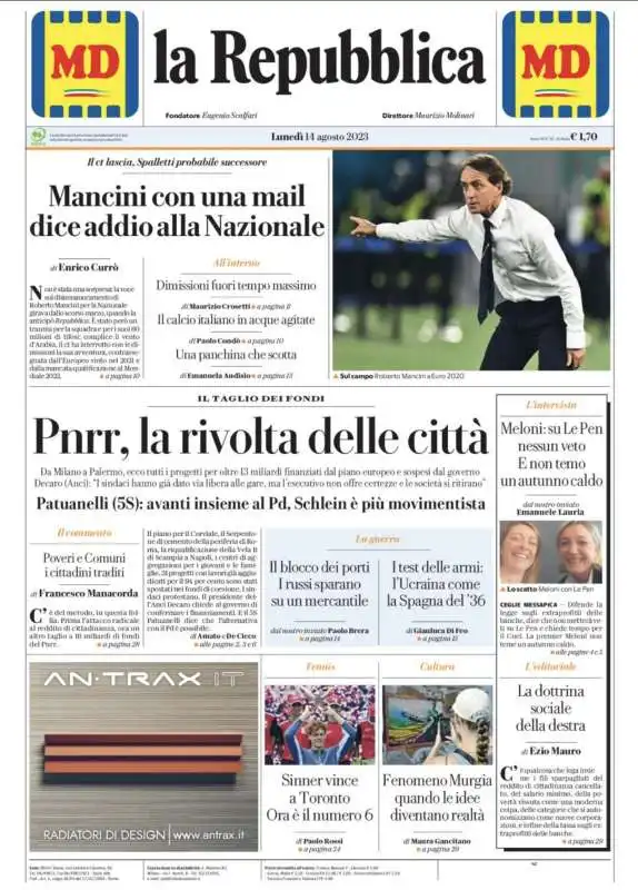 PRIMA PAGINA LA REPUBBLICA - 14 AGOSTO 2023 