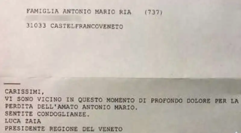 TELEGRAMMA DI CONDOGLIANZE INVIATO DA LUCA AD ANTONIO MARIO RIA 