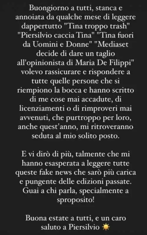 TINA CIPOLLARI SMENTISCE GLI AVVERTIMENTI DI PIER SILVIO BERLUSCONI