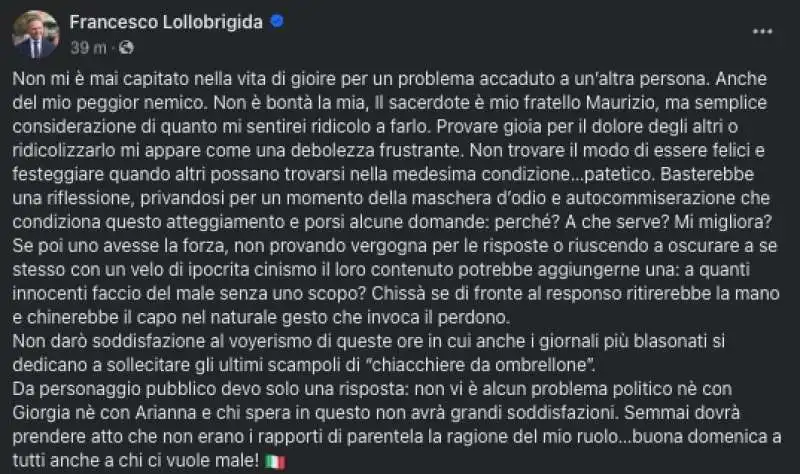 IL POST FACEBOOK DI FRANCESCO LOLLOBRIGIDA DOPO LA SEPARAZIONE CON ARIANNA MELONI