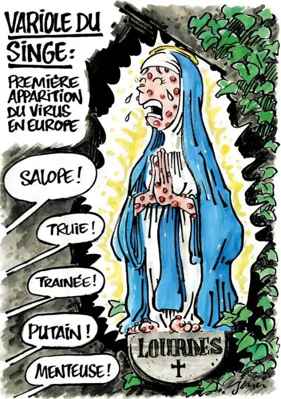 VIGNETTA DI CHARLIE HEBDO DELLA MADONNA CON IL VAIOLO DELLE SCIMMIE