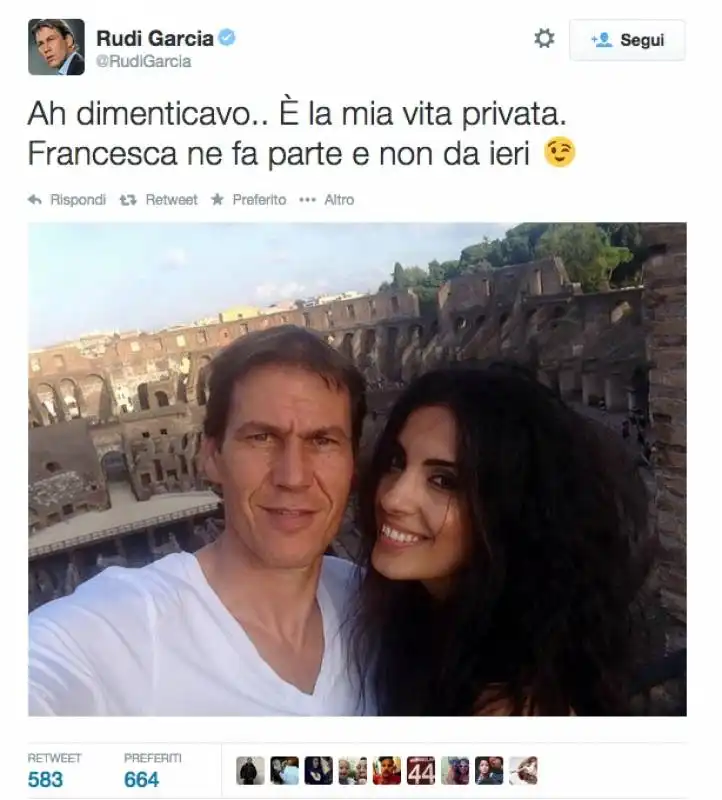 i tweet speculari di rudi garcia e francesca brienza in cui dichiarano il loro amore 