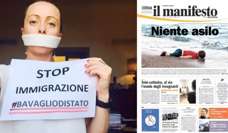 giorgia meloni bavaglio e prima pagina del manifesto su asilo 