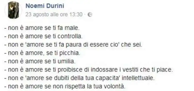 il post su facebook di noemi durini