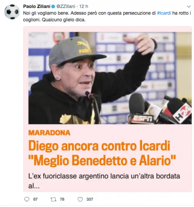 MARADONA ICARDI TWEET ZILIANI